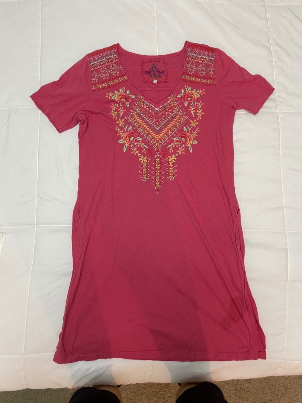 Johnny Was Vintage-Vibe Boho Embroidered Rose Pink Short Sleeve Tunic Dress Sz M
